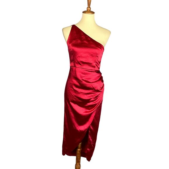 Lovers + Friends Red One Shoulder Satin Midi Slip Dress SMALL Ruched $228 NEW - Picture 4 of 8